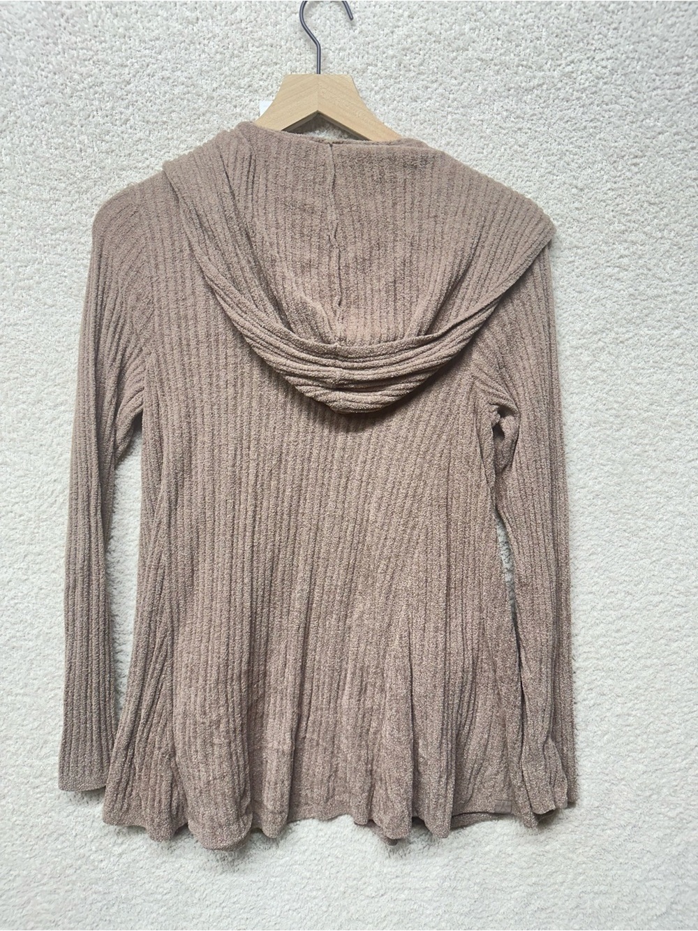 Barefoot Dreams CozyChic Ultra Lite Ribbed Hooded Open Front Cardigan Taupe Smal - Picture 2 of 8